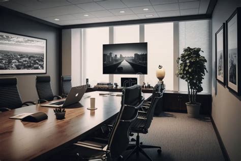 Modern Corporate Conference Room With Table And Projector Screen Stock