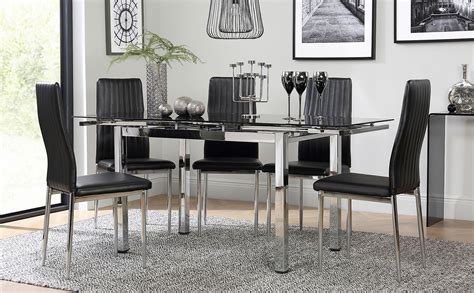 3.5 out of 5 stars. Space Chrome and Black Glass Extending Dining Table with 4 Leon Black Leather Chairs | Furniture ...