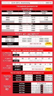 We provide a comprehensive guide to da ma cai 1 + 3d jackpot, including how to play, and prize structure information. 4D Result Malaysia: 4D and 1+3D Result As Of 22nd January 2014