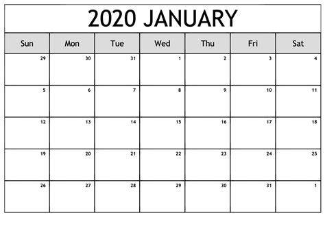 Top Blank January 2020 Holiday Print Free Calendar Calendar School