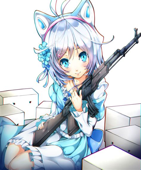 Safebooru 1girl Absurdres Ahoge Akm Assault Rifle Bangs Blue Dress Blue Eyes Breasts Dennou