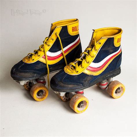Vintage Retro 1970s Uk Size 4 Roller Boots Yellow Blue Roller Skates
