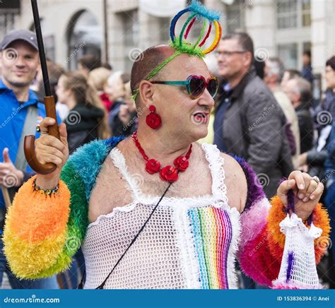 2019 A Gay Man In An Exquisite Rainbow Costume Attending The Gay Pride