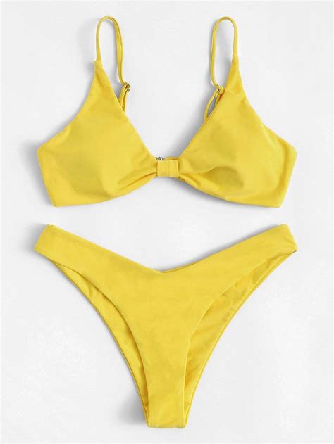 Yellow Swimsuit Adjustable Strap Cami Top With High Leg Bikini Bottom