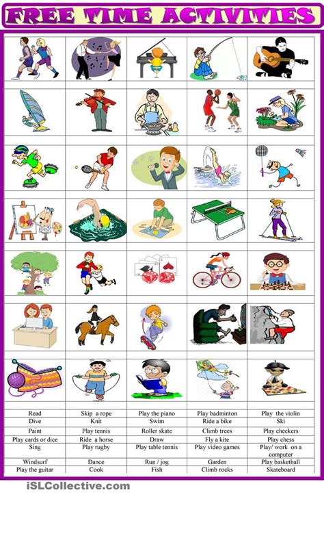 free time activities / matching ex | Free time activities, Activities for teens, English activities