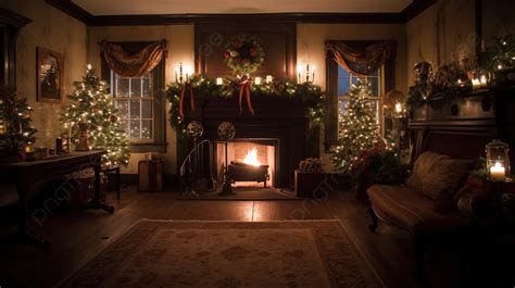 Room Filled With Christmas Trees And Lighted Candles Background