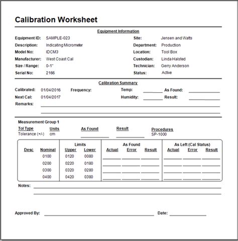 Calibration Data Sheet Template