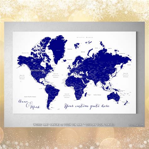 Custom World Map With Cities Canvas Print Or Push Pin Map In Navy Blue