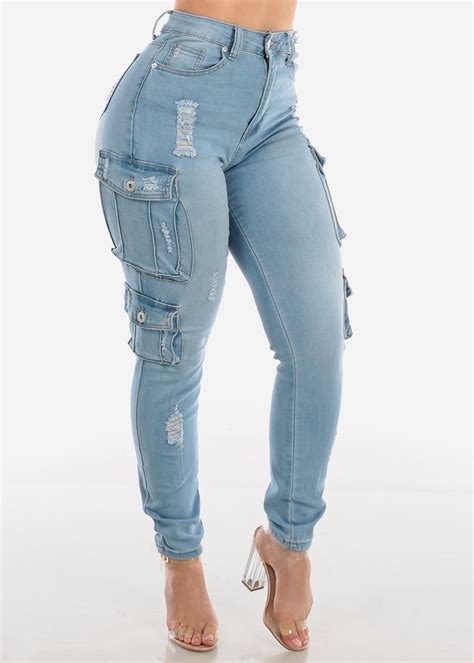 Moda Xpress Womens High Waisted Cargo Jeans Light Wash B