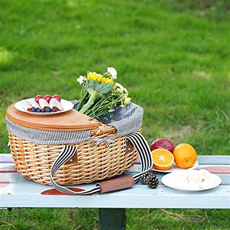 Wicker Picnic Basket With Double Wooden Lids And Folding Handles Country