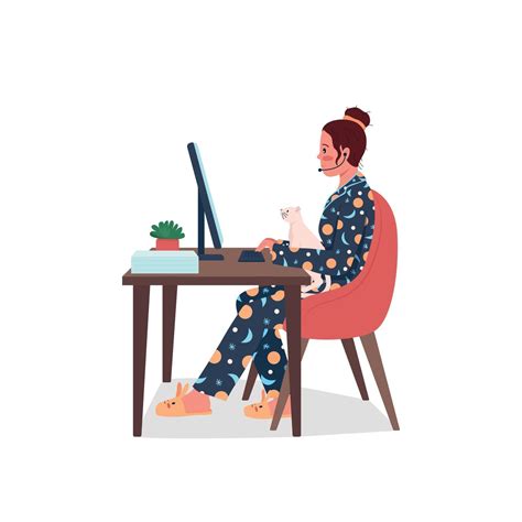 Freelance Employee In Pajamas Flat Color Vector Detailed Character