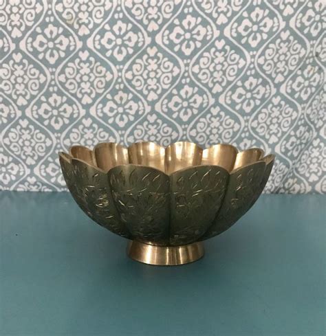 Vintage Brass Etched Floral Bowl Footed With Scalloped Edges Trinket Dish Boho Chic Etched