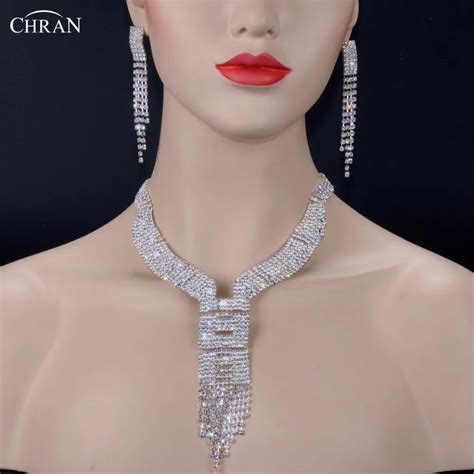 Chran Luxury Silver Plated Rhinestone Women Bridal Jewelry Set Ladies