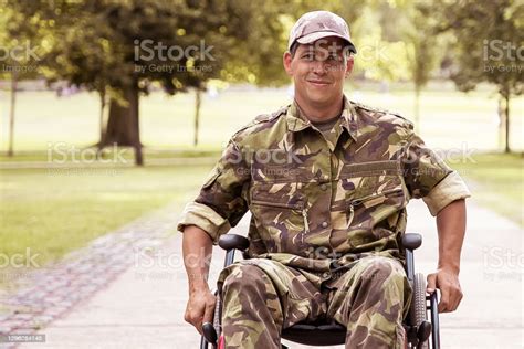 Happy Disabled Military Man In Wheelchair Stock Photo Download Image