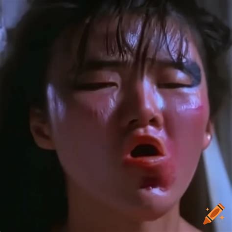 asian woman fighter with bruised and beaten expression in an 80s movie fight scene on craiyon