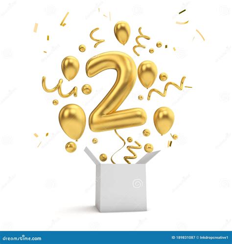 Happy 2nd Birthday Gold Surprise Balloon And Box 3d Rendering Royalty