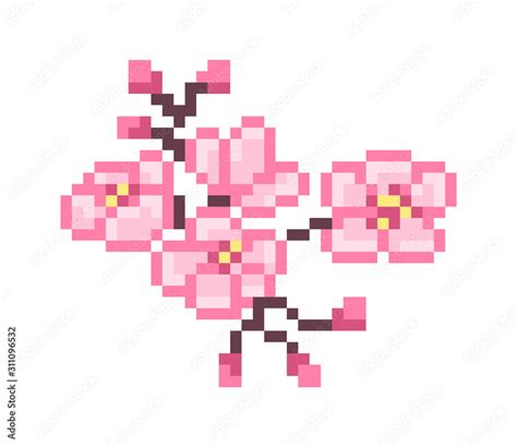 Blooming Pink Sakura Branch With Flowers And Buds Pixel Art Icon Isolated On White Background
