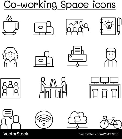 Co Working Space Icon Set In Thin Line Style Vector Image