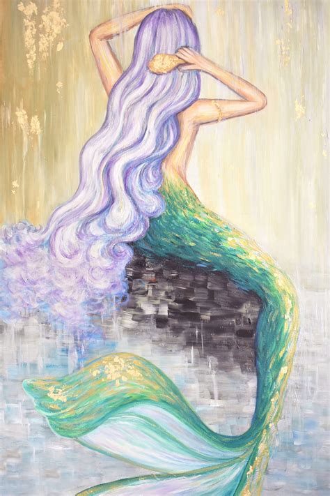 Siren Oil Painting Mermaid Pearl Waterfall Violet Hair Green Tail White