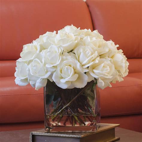 Very Large White Real Touch Rose Arrangement With Square Glass Vase Artificial Flowers Faux
