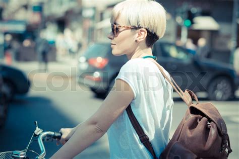 Beautiful Young Blonde Short Hair Hipster Woman With Bike Stock Image