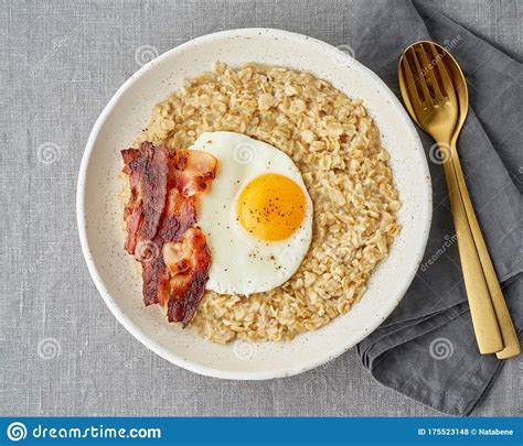 Oatmeal Fried Egg And Fried Bacon Hearty Fat High Calorie Breakfast