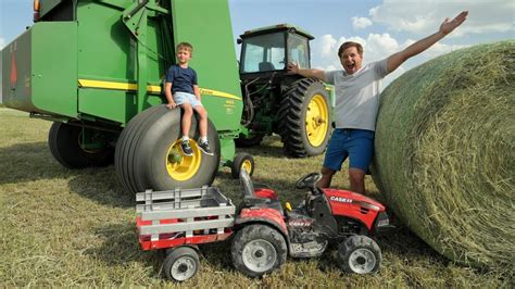 Making Hay Bales Using Real Tractors And Kids Tractors On The Farm