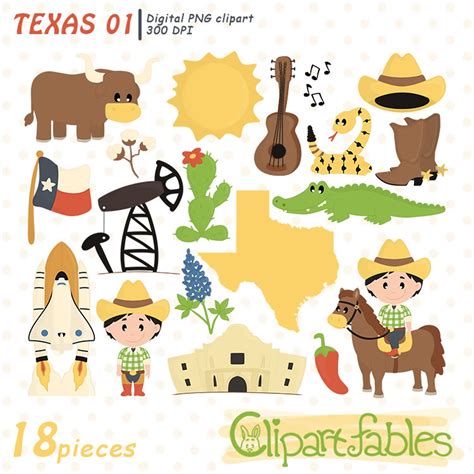 Cute Texas State Clipart Texas Symbols Cowboy Art Map And Etsy