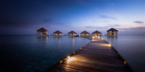 sunrise maldives resort artificial lights walkway sea beach bungalow blue nature