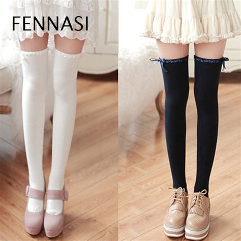 fennasi white cotton knee high sexy stockings woman senior cute warm school stockings bow