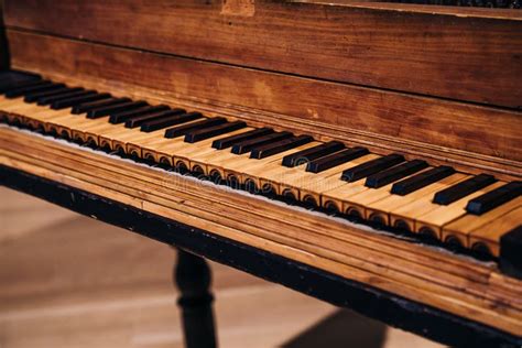 Old Wooden Piano Keys On Wooden Musical Instrument In Front View Stock