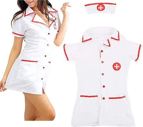 Techson Sexy Nurse Costume Naughty Nurse Uniform Cosplay Lingerie White Outfit With Hat Red