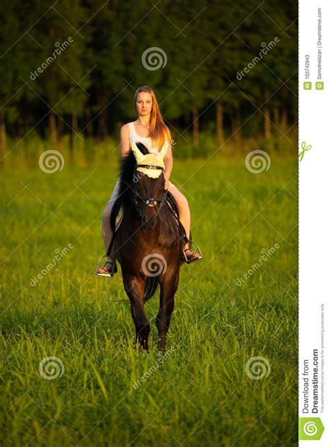 Active Young Woman Ride A Horse In Nature Stock Image Image Of