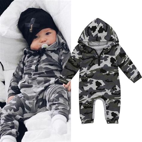 Infant Baby Boy Hooded Camouflage Romper Newborn Baby Camo Long Sleeve
