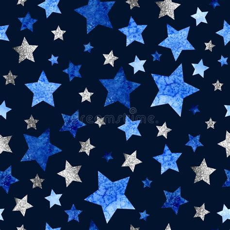 Seamless Pattern With Silver Glitter And Watercolor Stars On Blue