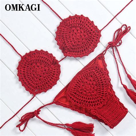omkagi knitting bikini 2018 handmade crochet swimsuit sexy bikinis bandage bathing suit thin