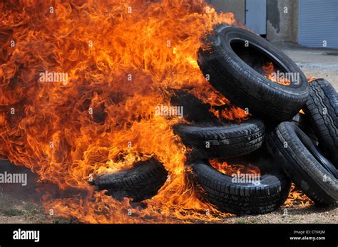 Burning Tyres Tyres Are Burnt As Part Of A Demonstration To Block