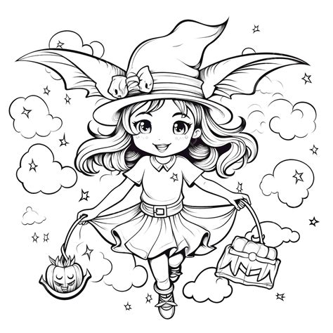 Halloween Flying Witch Line Art Illustration For Coloring Page Line