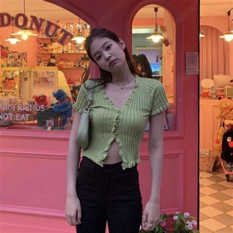 Ready Stock~blackpink Jennie Korean Vintage Green Slim Sexy Crop Tops Fashion Short Sleeve