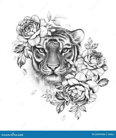 Monochrome Tiger With Rose Flowers Stock Illustration Illustration Of