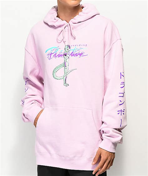 The club gold hoodie features screen printed logo script on the chest, emblems on the back and left sleeve, and a silhouette of sharon on the hood; Primitive x Dragon Ball Z Nuevo Frieza Pink Hoodie | Zumiez