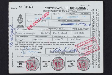 Certificate Of Discharge For Donald Mcgeagh Mv Waiana 1937 New