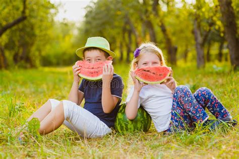 Funny Kids Taste Watermelon Child Healthy Eating Stock