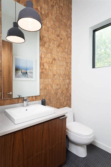 Modern Powder Room With Wood Geometric Wall Tiles Hgtv