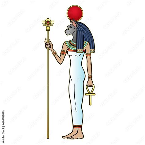 Animation Portrait Ancient Egyptian Goddess Bastet Bast Holds Symbols Of Power Staff And