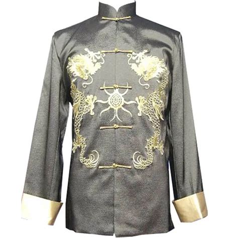 Gray New Traditional Chinese Mens Silk Satin Embroidery Jacket Coat