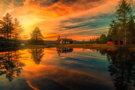 Ringerike Norway Lake Reflection House Sunset Tree Hd