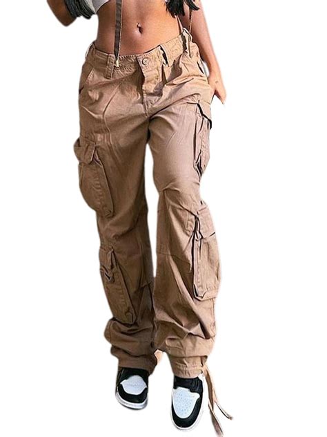Women Casual Vintage Cargo Pants Low Waisted Baggy Straight Wide Leg Pants Casual Trousers With