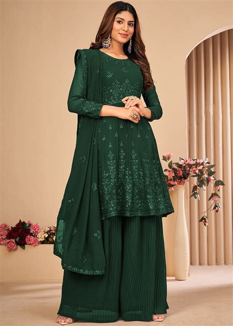 Green Embroidered Sharara Suit Set In Georgette 4157sl18