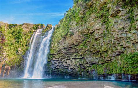 Wallpaper Greens The Sky Rock Waterfall Sunny Images For Desktop